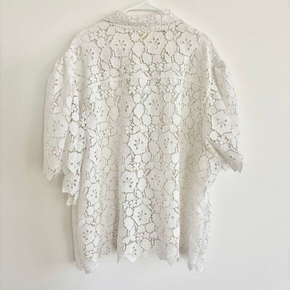 ANTHROPOLOGIE MAEVE CUTOUT LACE BUTTONDOWN SHIRT SHORT SLEEVE BLOUSE TOP WHITE L - Picture 3 of 5